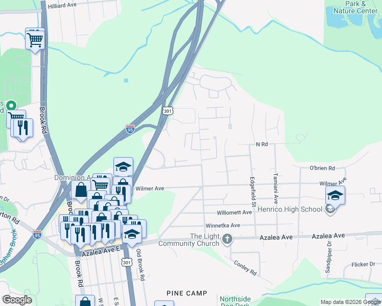 map of restaurants, bars, coffee shops, grocery stores, and more near 5614 Crenshaw Road in Richmond