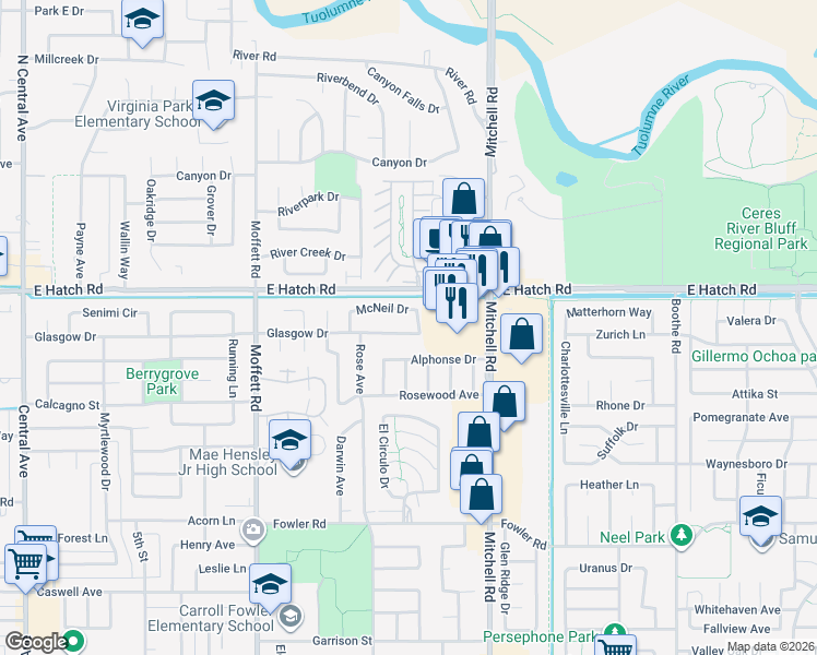 map of restaurants, bars, coffee shops, grocery stores, and more near 2837 Glasgow Drive in Ceres