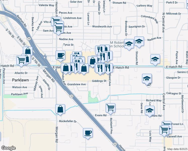 map of restaurants, bars, coffee shops, grocery stores, and more near 1530 East Hatch Road in Ceres