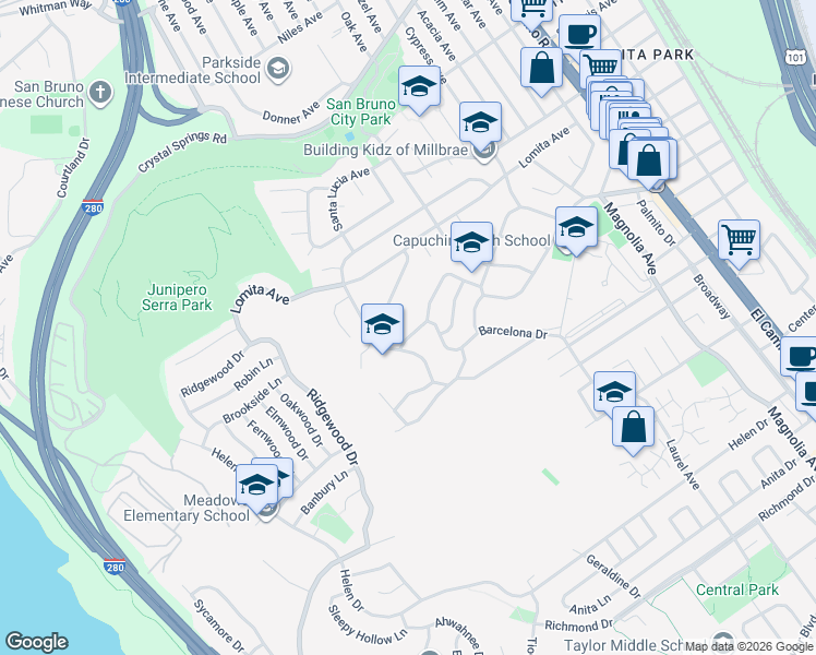 map of restaurants, bars, coffee shops, grocery stores, and more near 740 Barcelona Drive in Millbrae