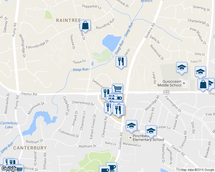 map of restaurants, bars, coffee shops, grocery stores, and more near 10119 Deepwood Circle in Richmond