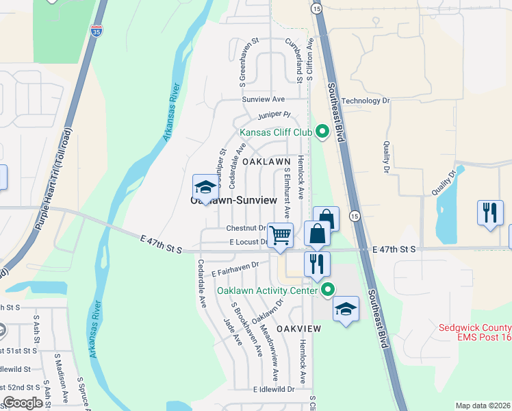 map of restaurants, bars, coffee shops, grocery stores, and more near 4600-4604 S Brookhaven St in Wichita