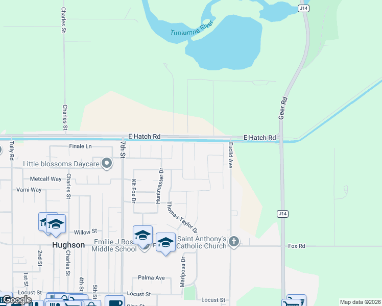 map of restaurants, bars, coffee shops, grocery stores, and more near 1516 Breton Court in Hughson