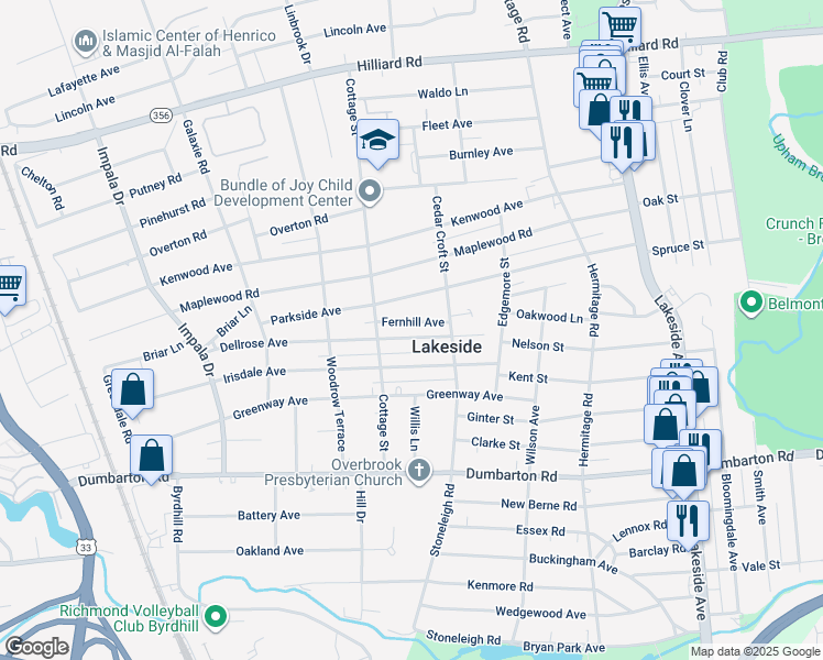 map of restaurants, bars, coffee shops, grocery stores, and more near 2616 Dellrose Avenue in Richmond