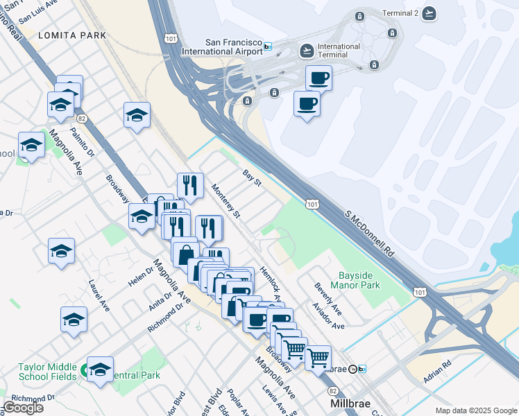 map of restaurants, bars, coffee shops, grocery stores, and more near 333 San Rey Avenue in Millbrae