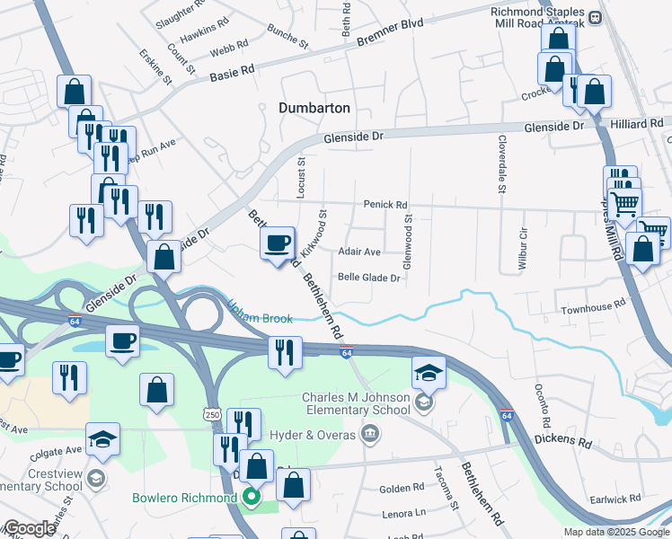 map of restaurants, bars, coffee shops, grocery stores, and more near 4826 Belle Glade Drive in Richmond