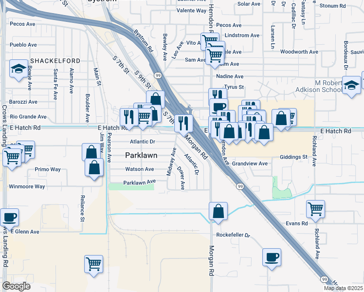 map of restaurants, bars, coffee shops, grocery stores, and more near 1512 Atlantic Drive in Modesto