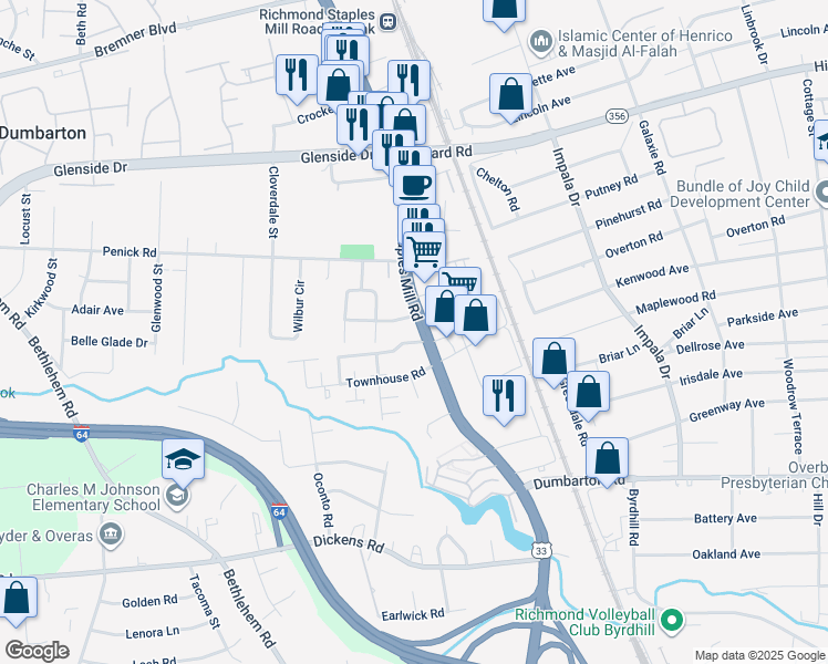 map of restaurants, bars, coffee shops, grocery stores, and more near 6010 Staples Mill Road in Richmond