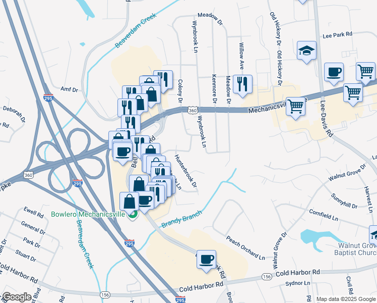 map of restaurants, bars, coffee shops, grocery stores, and more near 6466 Birch Lane in Mechanicsville