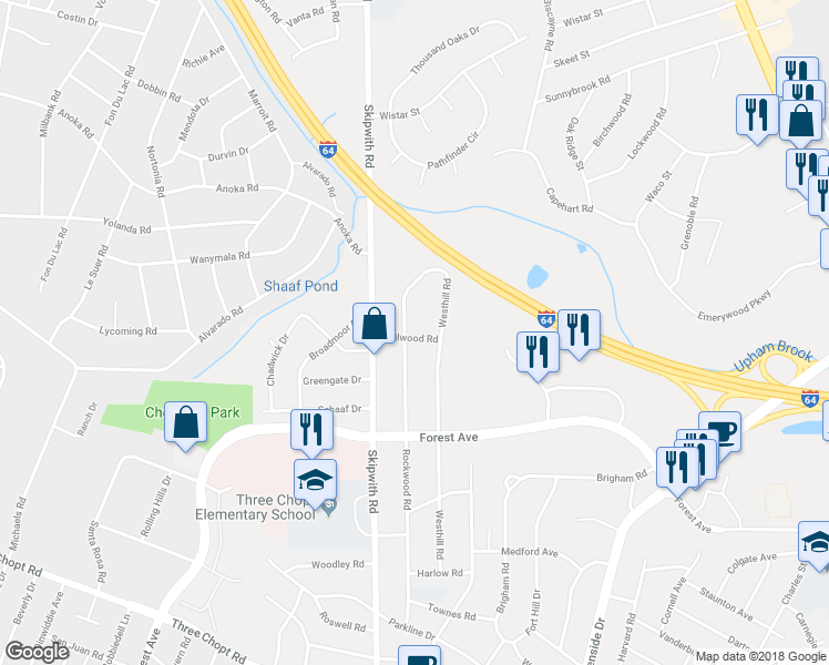 map of restaurants, bars, coffee shops, grocery stores, and more near 1801 Rockwood Road in Richmond