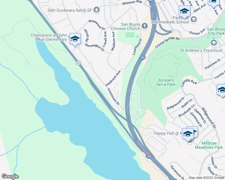 map of restaurants, bars, coffee shops, grocery stores, and more near 115 London Court in San Bruno
