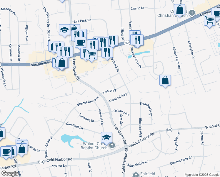 map of restaurants, bars, coffee shops, grocery stores, and more near 6472 Lark Way in Mechanicsville