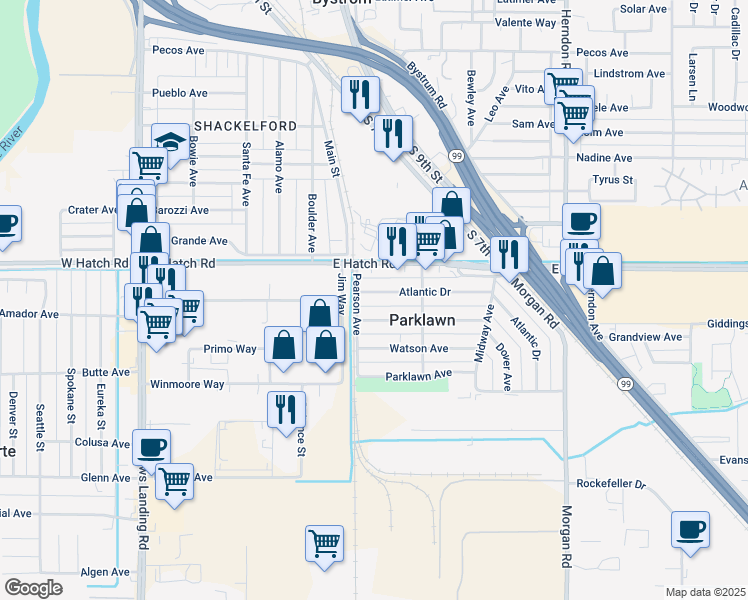 map of restaurants, bars, coffee shops, grocery stores, and more near 710 Atlantic Drive in Modesto