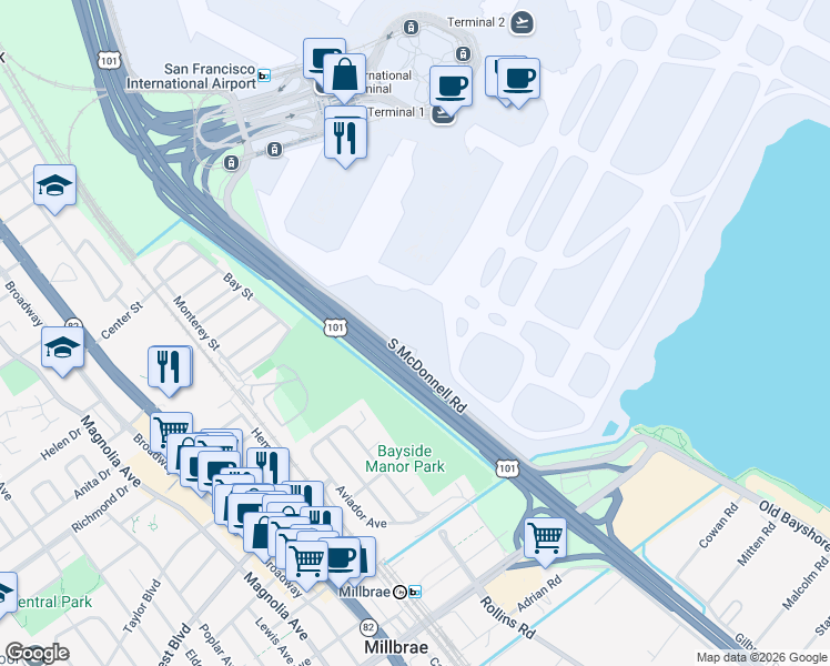 map of restaurants, bars, coffee shops, grocery stores, and more near 12 South Area Drive in San Francisco