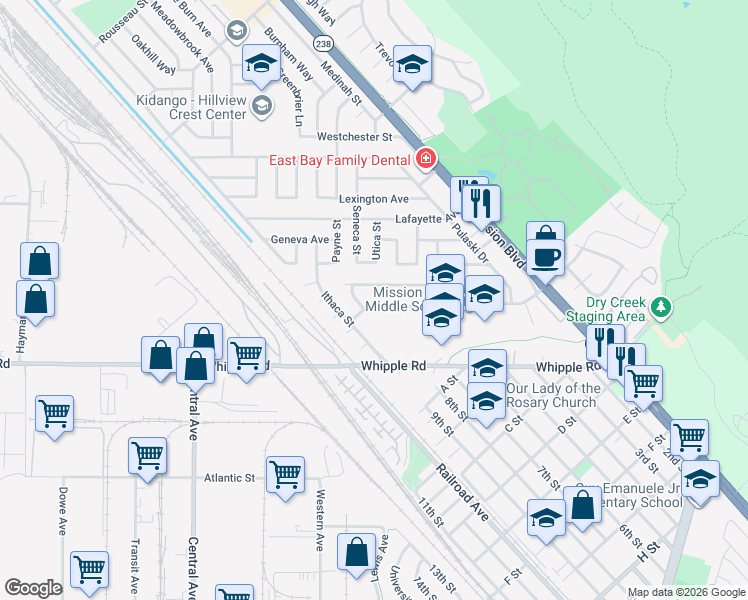 map of restaurants, bars, coffee shops, grocery stores, and more near 153 Tamarack Drive in Union City