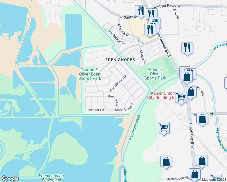 map of restaurants, bars, coffee shops, grocery stores, and more near 2730 Spindrift Court in Hayward