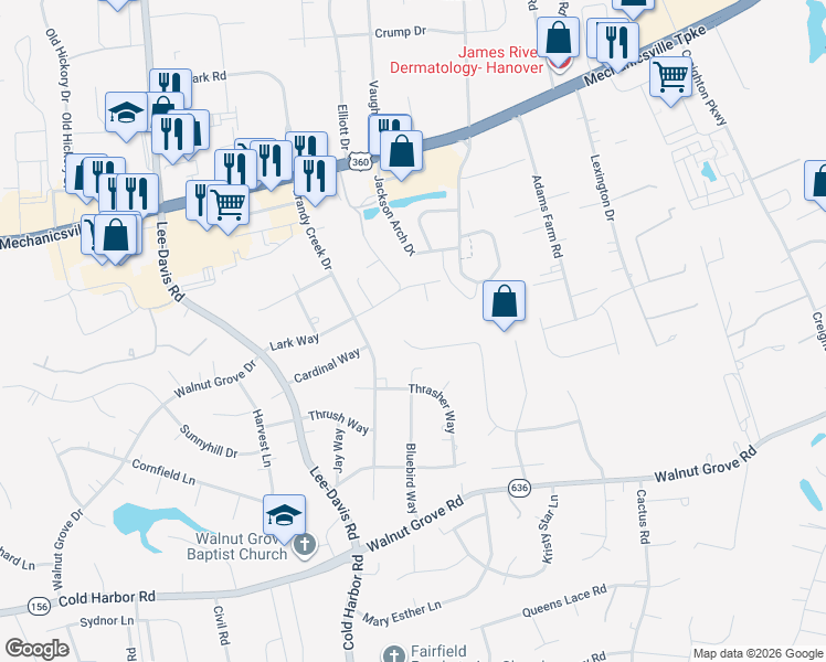 map of restaurants, bars, coffee shops, grocery stores, and more near 6440 Little Sorrel Drive in Mechanicsville