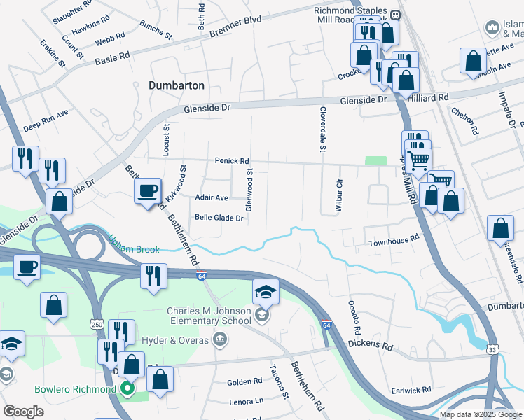 map of restaurants, bars, coffee shops, grocery stores, and more near 6616 Fernwood Street in Richmond