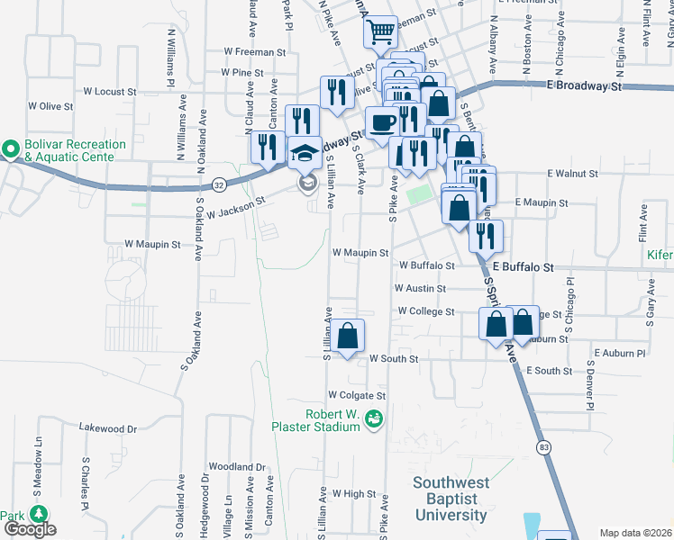 map of restaurants, bars, coffee shops, grocery stores, and more near 601-799 S Lillian Ave in Bolivar