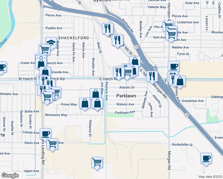 map of restaurants, bars, coffee shops, grocery stores, and more near 710 Atlantic Drive in Modesto