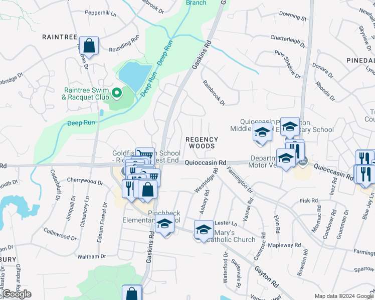 map of restaurants, bars, coffee shops, grocery stores, and more near 1505 Thistle Road in Henrico
