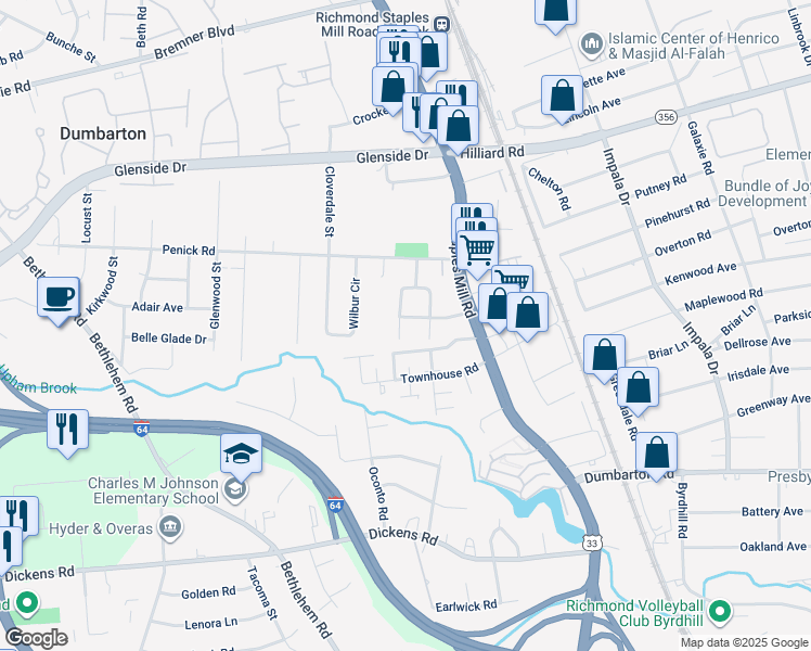 map of restaurants, bars, coffee shops, grocery stores, and more near 6615 West Davista Avenue in Henrico