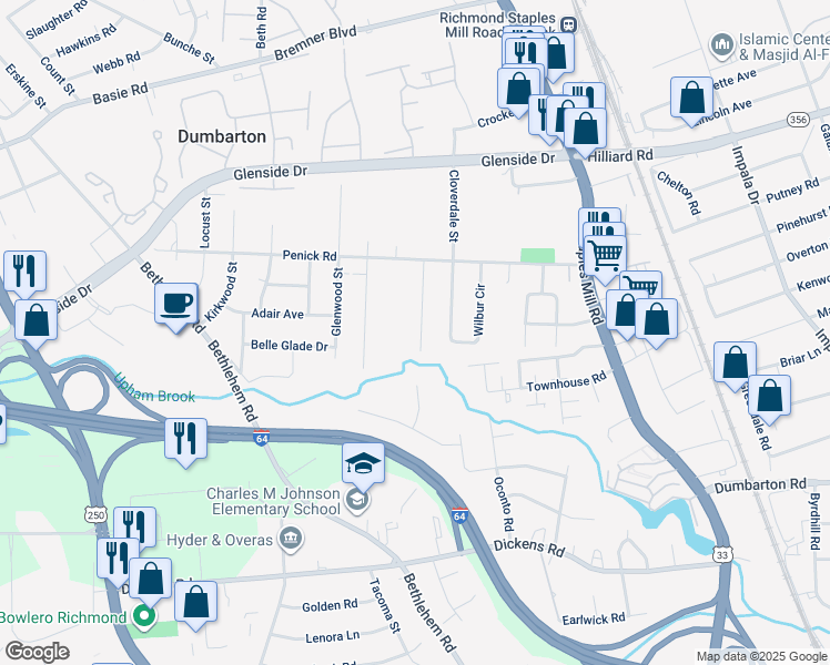 map of restaurants, bars, coffee shops, grocery stores, and more near 6610 Dellwood Street in Richmond