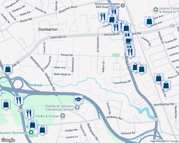 map of restaurants, bars, coffee shops, grocery stores, and more near 6610 Dellwood Street in Richmond