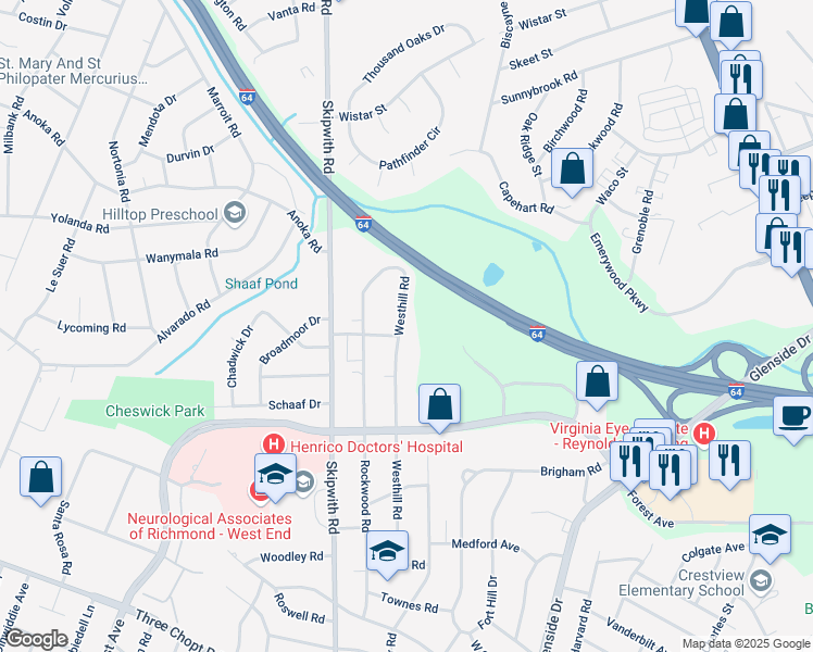map of restaurants, bars, coffee shops, grocery stores, and more near 1803 Westhill Road in Richmond