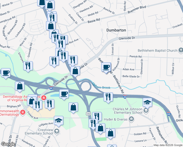 map of restaurants, bars, coffee shops, grocery stores, and more near 6807 Paragon Place in Richmond