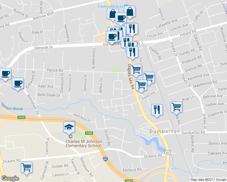 map of restaurants, bars, coffee shops, grocery stores, and more near 6615 West Davista Avenue in Henrico