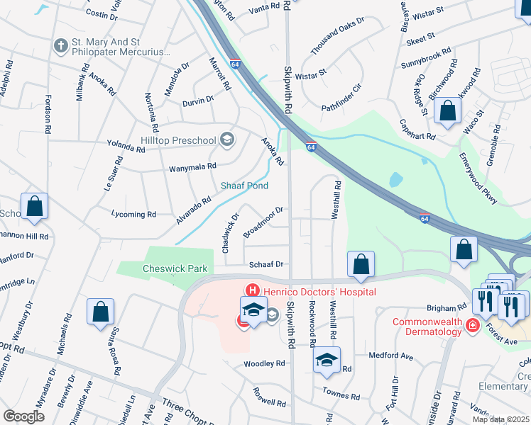 map of restaurants, bars, coffee shops, grocery stores, and more near 7506 Century Drive in Richmond