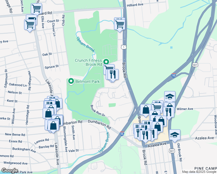 map of restaurants, bars, coffee shops, grocery stores, and more near 1900 Cliffbrook Circle in Richmond