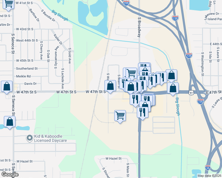 map of restaurants, bars, coffee shops, grocery stores, and more near in Wichita