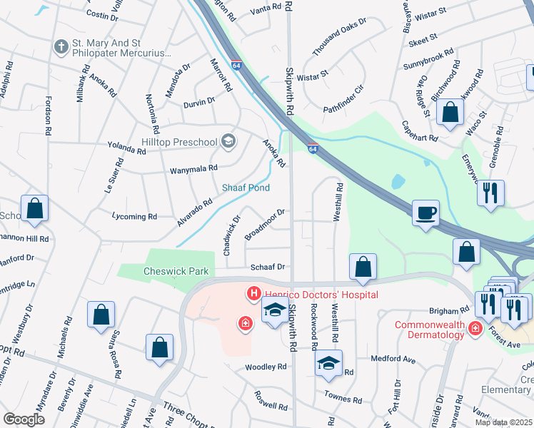 map of restaurants, bars, coffee shops, grocery stores, and more near 7506 Century Drive in Richmond