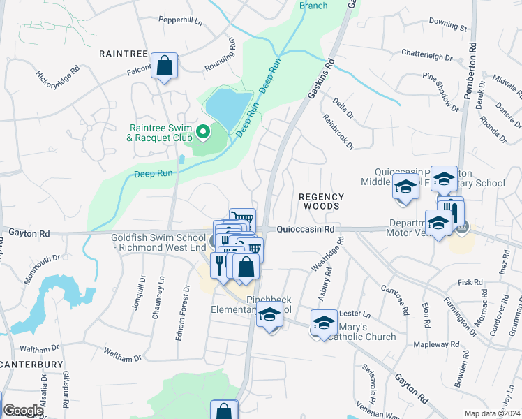 map of restaurants, bars, coffee shops, grocery stores, and more near 1519 Heritage Hill Circle in Richmond