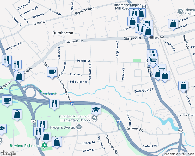 map of restaurants, bars, coffee shops, grocery stores, and more near 6617 Fernwood Street in Henrico