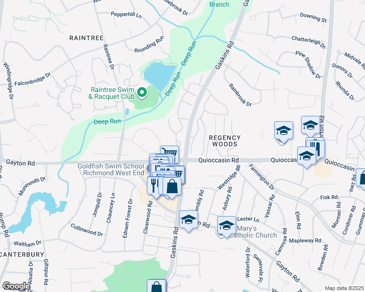 map of restaurants, bars, coffee shops, grocery stores, and more near 1519 Heritage Hill Circle in Richmond