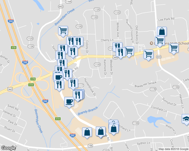 map of restaurants, bars, coffee shops, grocery stores, and more near 7350 Birch Lane in Mechanicsville