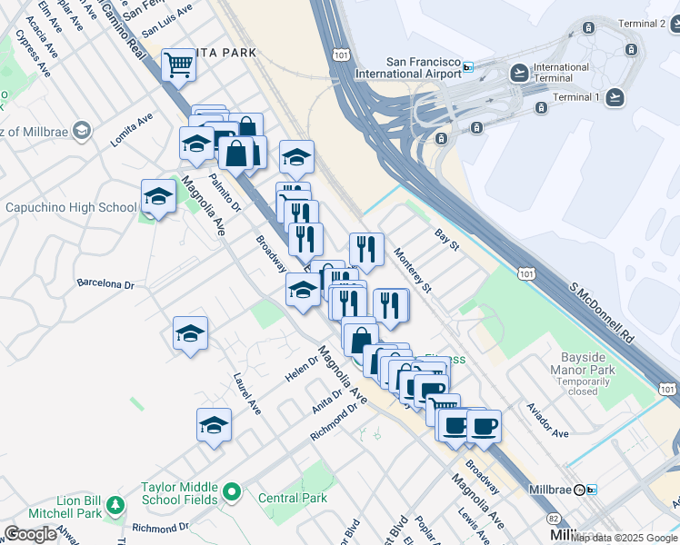 map of restaurants, bars, coffee shops, grocery stores, and more near 16 Center Street in Millbrae