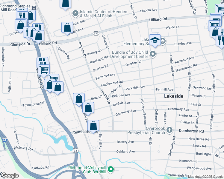 map of restaurants, bars, coffee shops, grocery stores, and more near 2912 Dellrose Avenue in Richmond