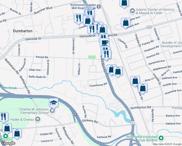 map of restaurants, bars, coffee shops, grocery stores, and more near 6617 West Davista Avenue in Richmond