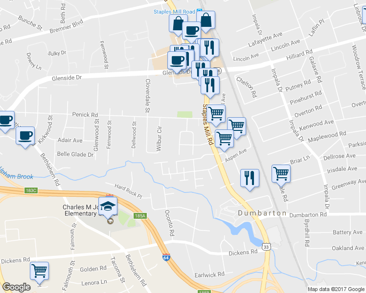map of restaurants, bars, coffee shops, grocery stores, and more near 6617 West Davista Avenue in Richmond
