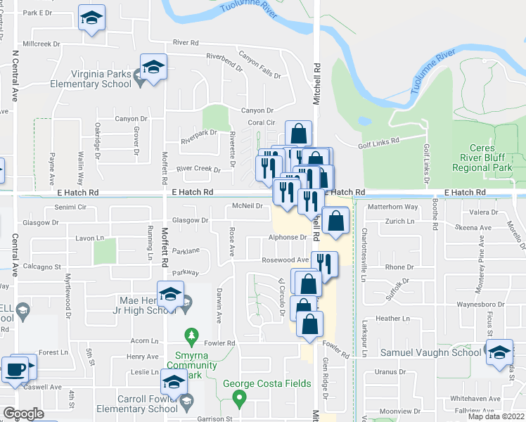 map of restaurants, bars, coffee shops, grocery stores, and more near 2837 Glasgow Drive in Ceres