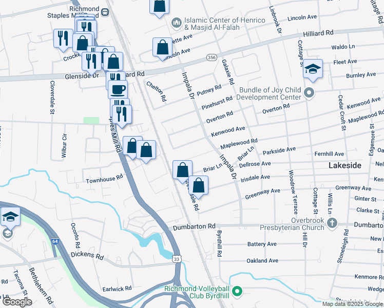map of restaurants, bars, coffee shops, grocery stores, and more near 3014 Maplewood Road in Richmond