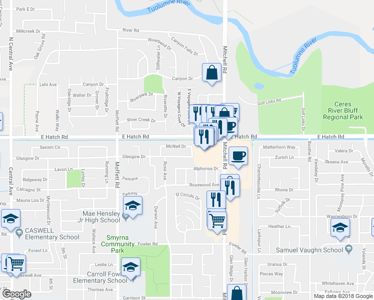 map of restaurants, bars, coffee shops, grocery stores, and more near 2837 Glasgow Drive in Ceres