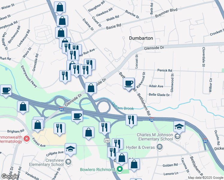 map of restaurants, bars, coffee shops, grocery stores, and more near 6807 Paragon Place in Richmond