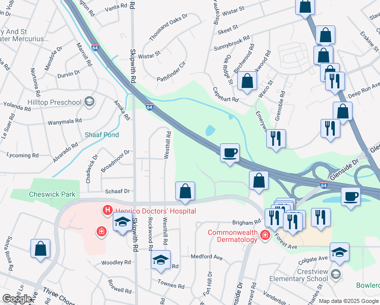 map of restaurants, bars, coffee shops, grocery stores, and more near 1803 Westhill Road in Richmond