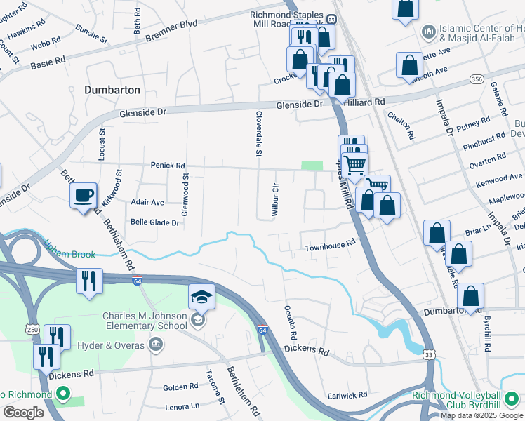 map of restaurants, bars, coffee shops, grocery stores, and more near 6729 Wilbur Circle in Richmond