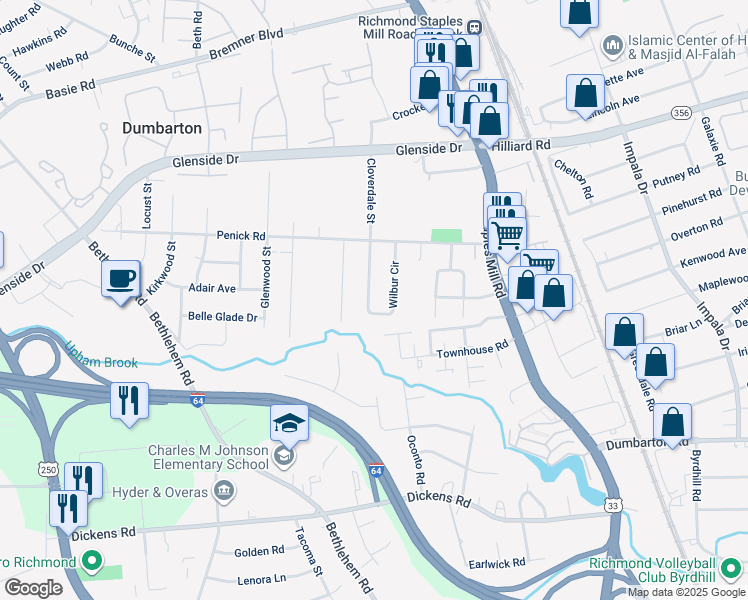 map of restaurants, bars, coffee shops, grocery stores, and more near 6729 Wilbur Circle in Richmond